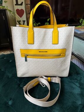 Michael Kors Kenley White Leather Tote with Yellow Trim
